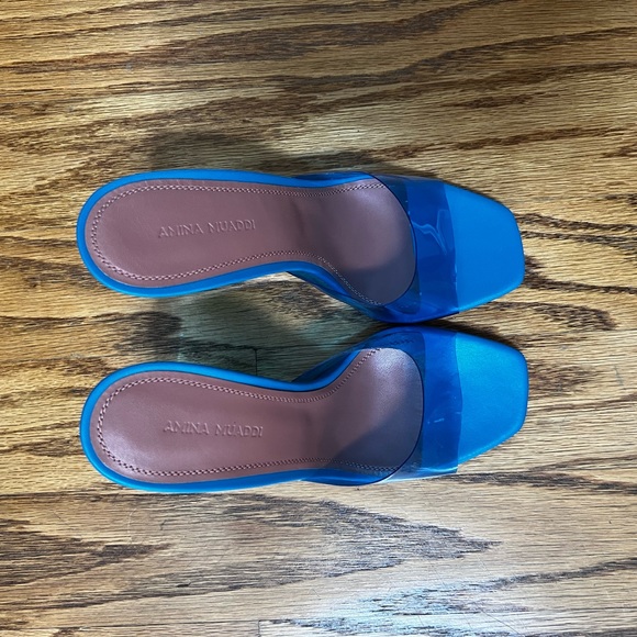 😊SOLD😊Amina Muaddi Blue Lupita Glass Wedge Heeled Sandals in 39 - Picture 9 of 15